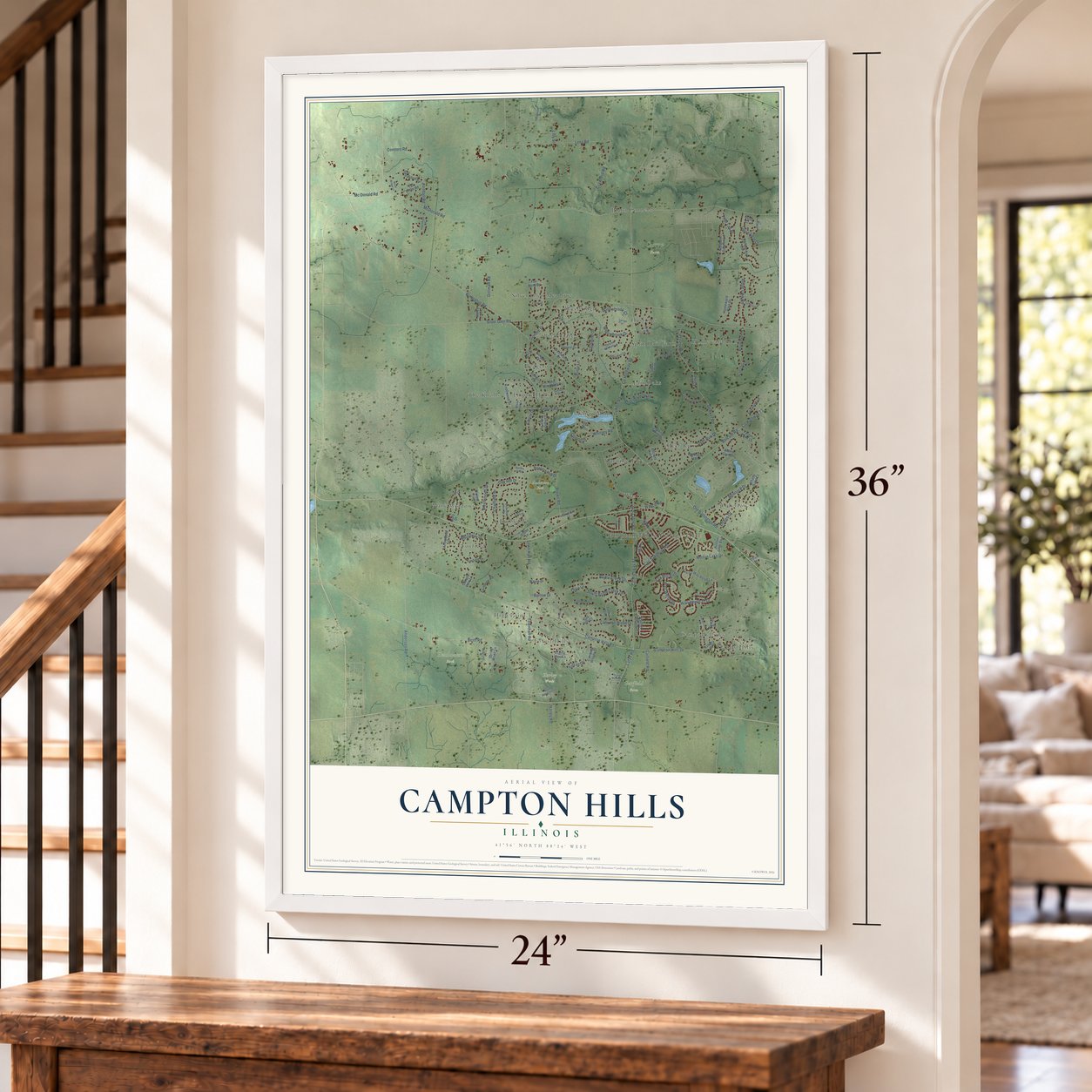 Campton Hills, Illinois map, 24 x 36 inch print in a white frame by a staircase