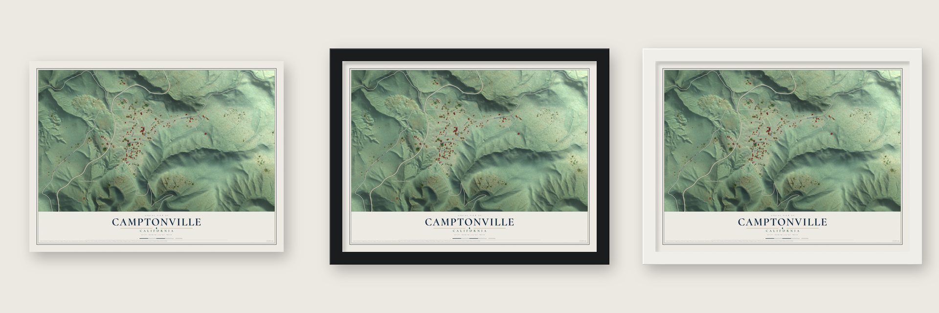 Camptonville, California map unframed, in a black wood frame and in a white wood frame