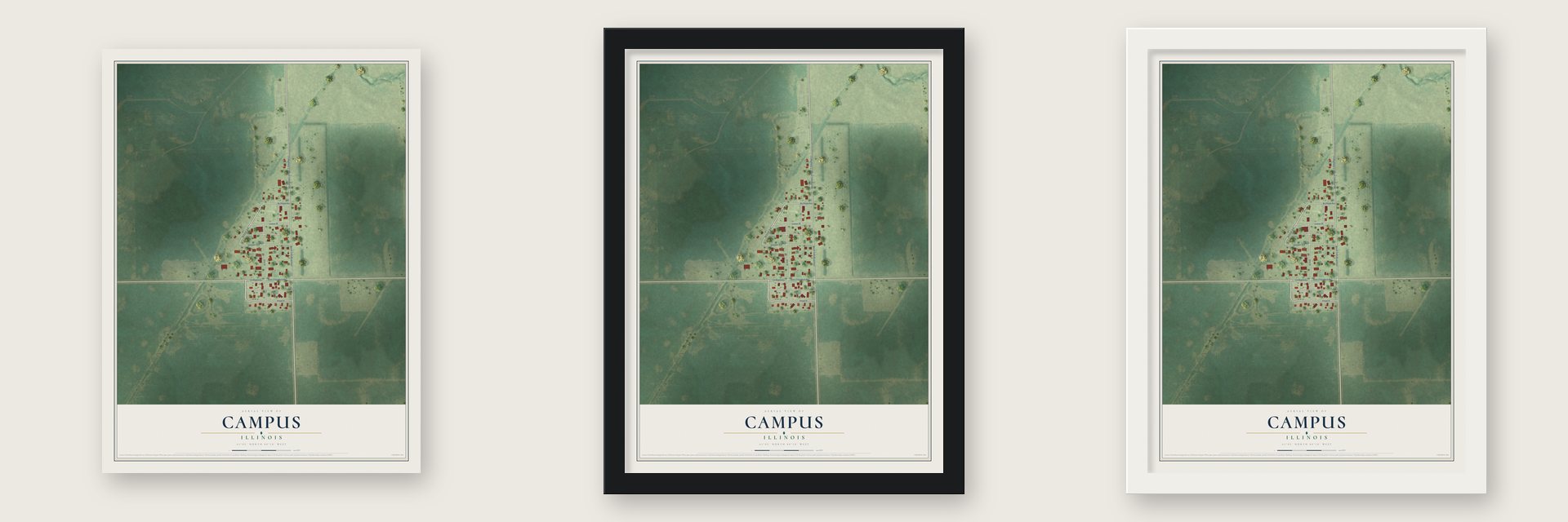 Campus, Illinois map unframed, in a black wood frame and in a white wood frame