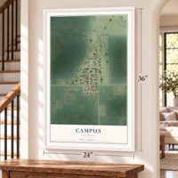 Campus, Illinois map, 24 x 36 inch print in a white frame by a staircase