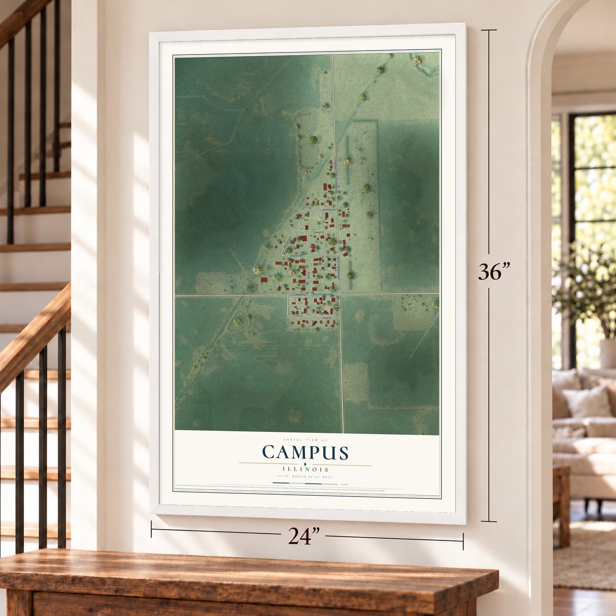 Campus, Illinois map, 24 x 36 inch print in a white frame by a staircase