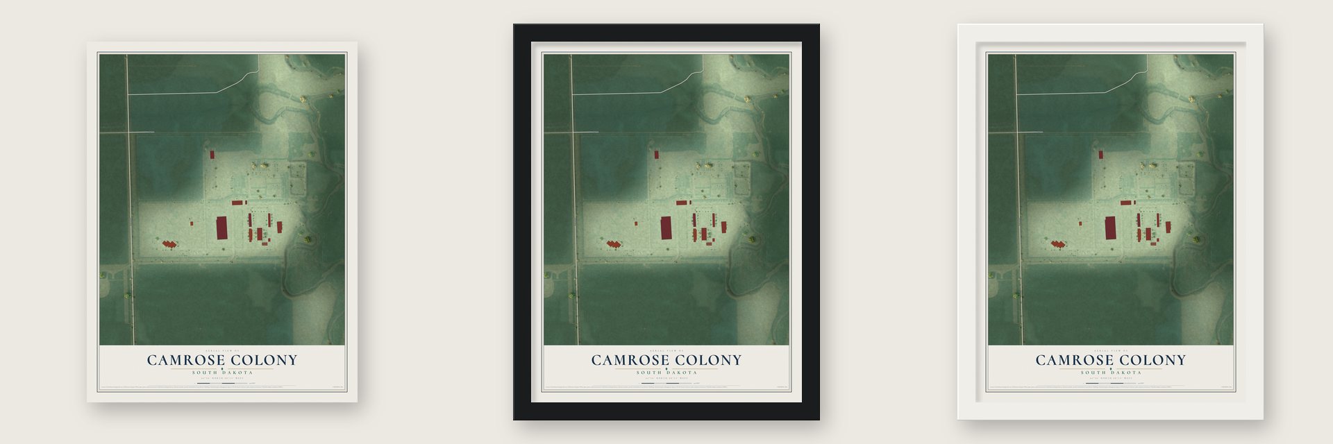 Camrose Colony, South Dakota map unframed, in a black wood frame and in a white wood frame
