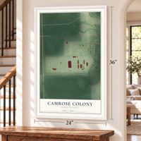 Camrose Colony, South Dakota map, 24 x 36 inch print in a white frame by a staircase
