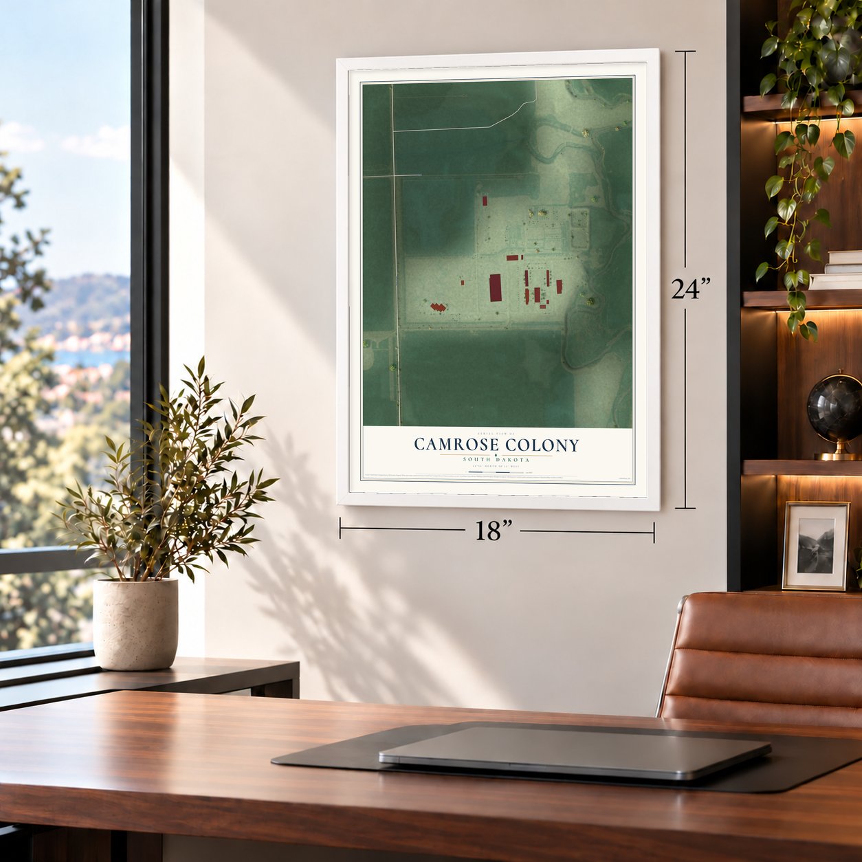 Camrose Colony, South Dakota map, 18 x 24 inch print in a white frame in a home office