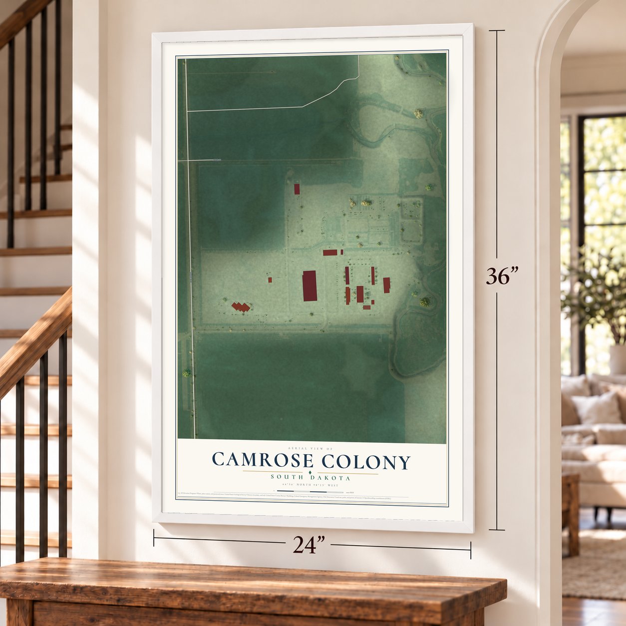 Camrose Colony, South Dakota map, 24 x 36 inch print in a white frame by a staircase