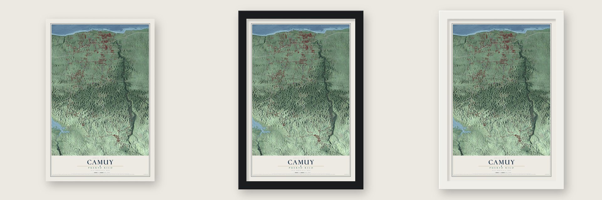 Camuy, Puerto Rico map unframed, in a black wood frame and in a white wood frame