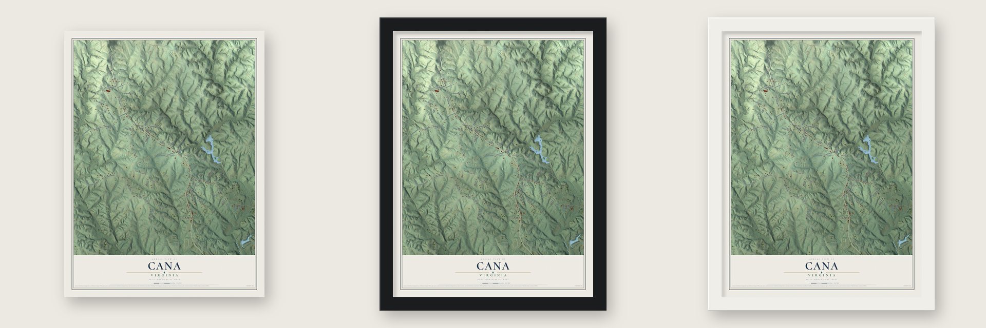 Cana, Virginia map unframed, in a black wood frame and in a white wood frame