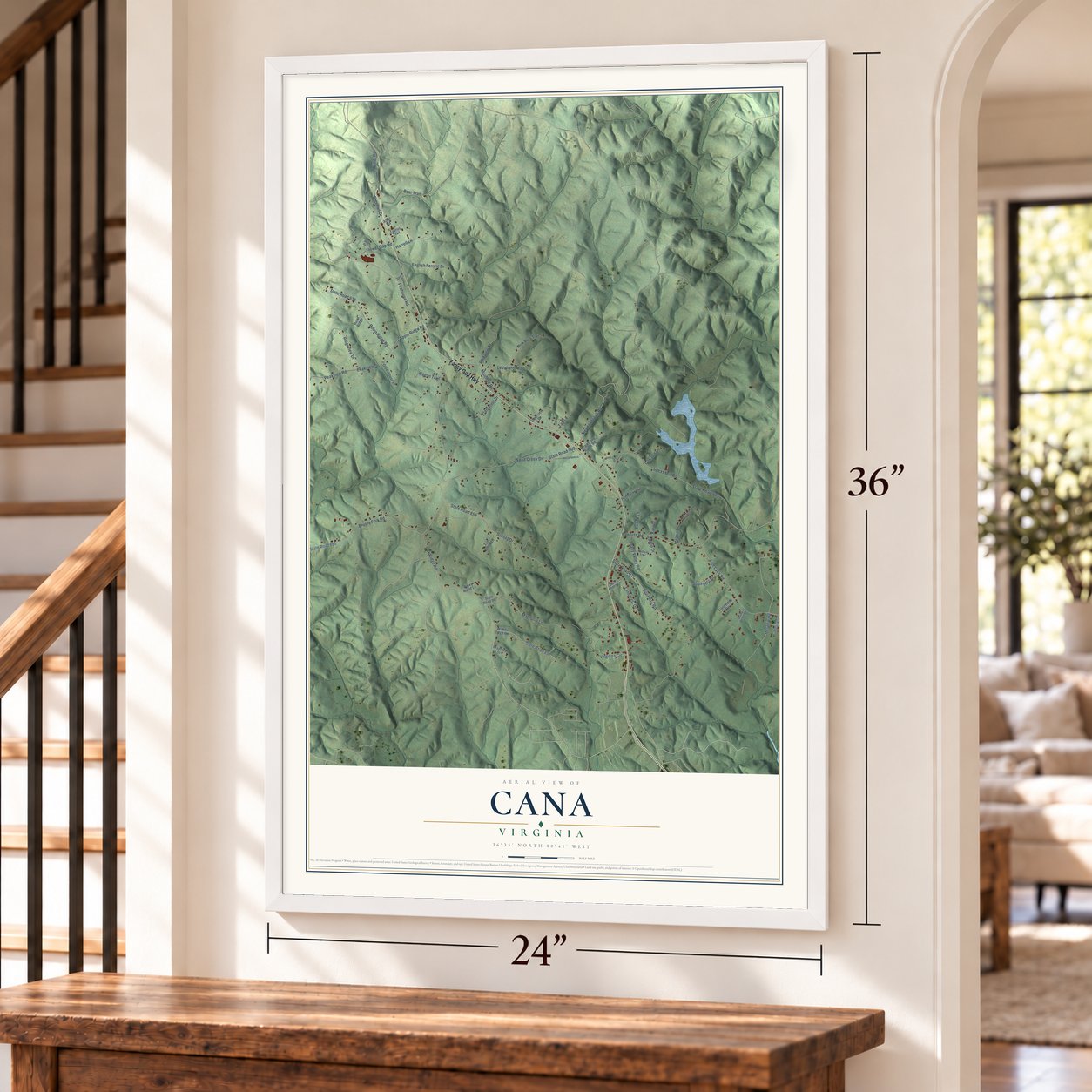 Cana, Virginia map, 24 x 36 inch print in a white frame by a staircase