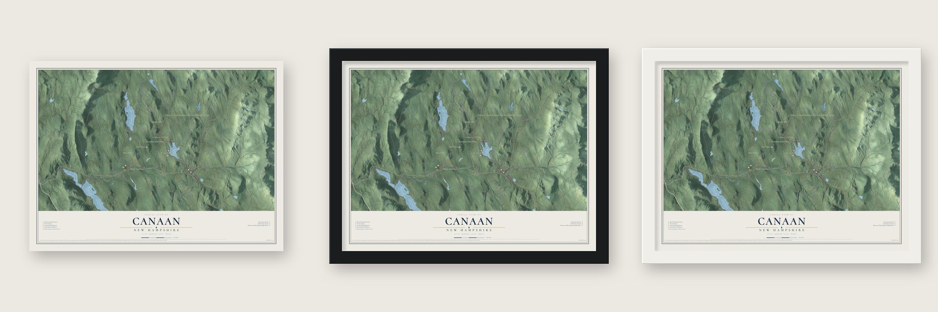 Canaan, New Hampshire map unframed, in a black wood frame and in a white wood frame