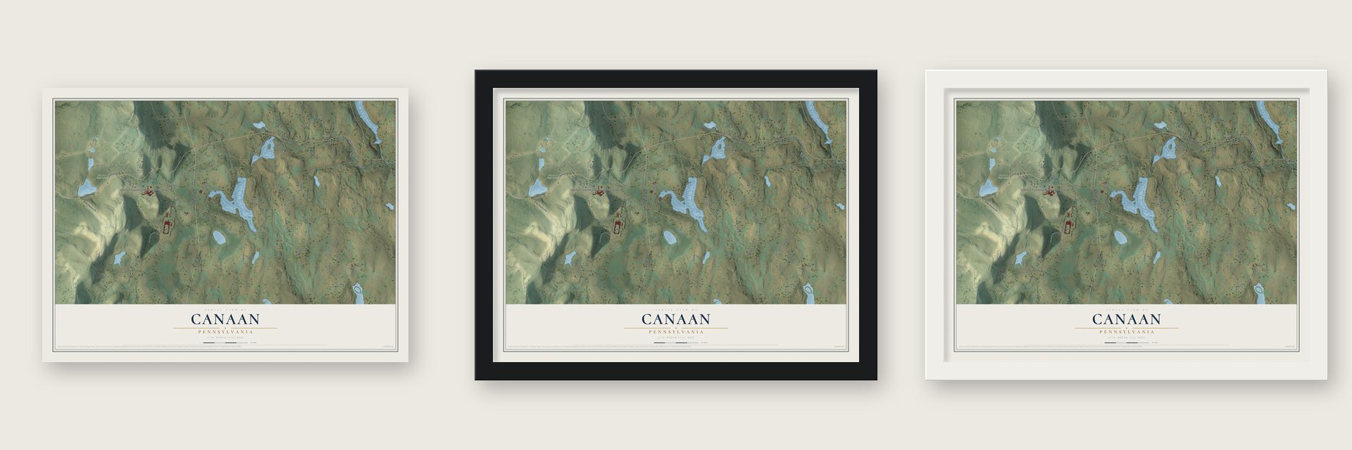 Canaan, Pennsylvania map unframed, in a black wood frame and in a white wood frame
