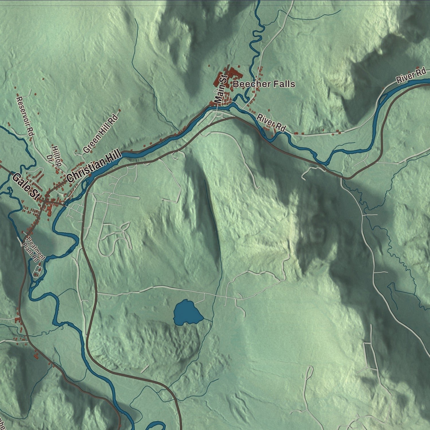 Close-up of the map of Canaan, Vermont print showing terrain and local geography