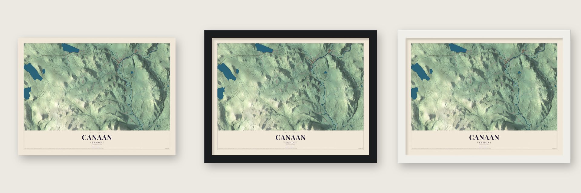 Canaan, Vermont map unframed, in a black wood frame and in a white wood frame