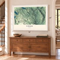 Canaan, Vermont map, 24 x 36 inch print in a white frame above a dresser by a staircase