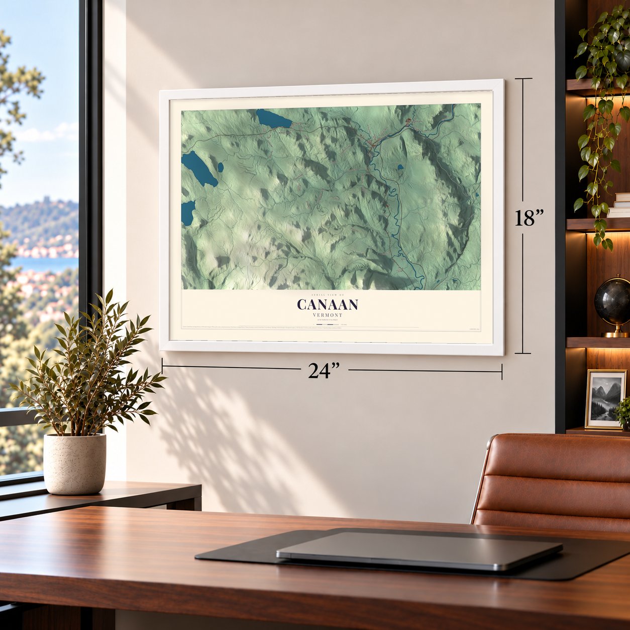 Canaan, Vermont map, 18 x 24 inch print in a white frame in a home office