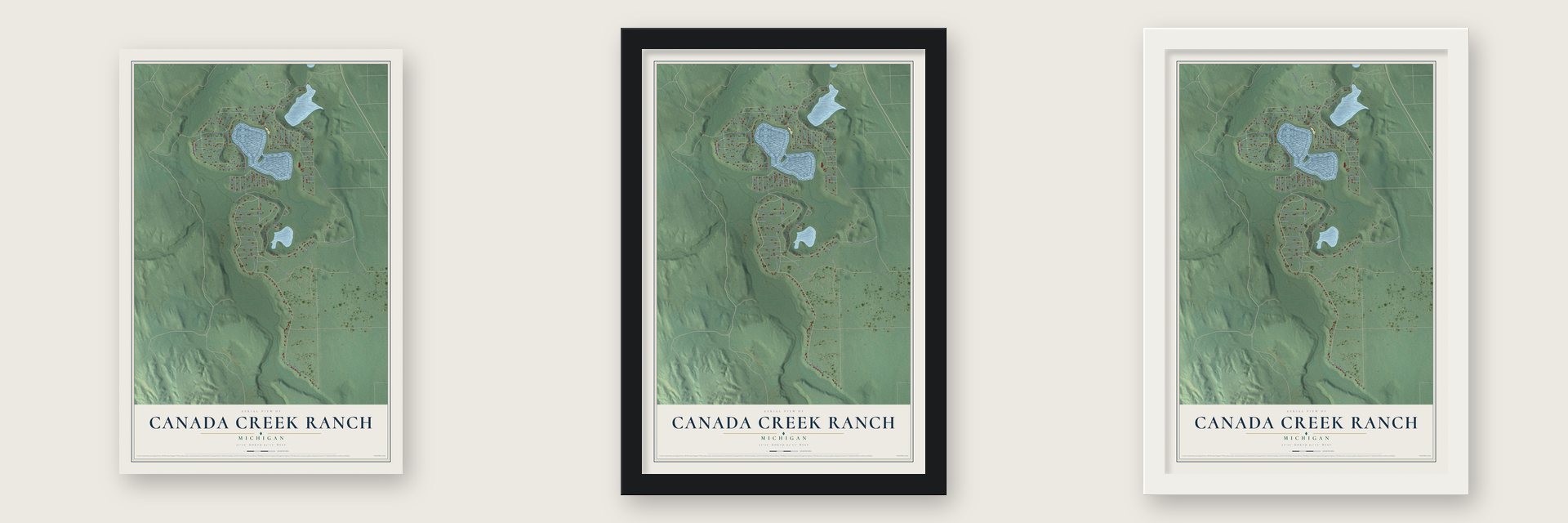 Canada Creek Ranch, Michigan map unframed, in a black wood frame and in a white wood frame