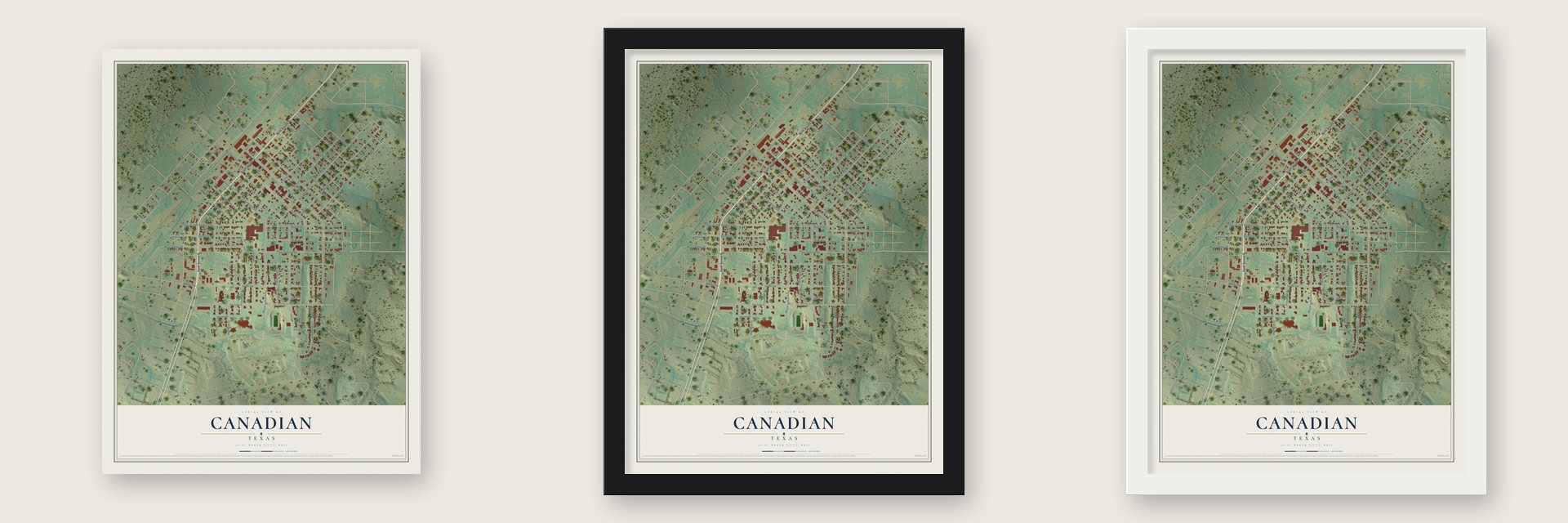 Canadian, Texas map unframed, in a black wood frame and in a white wood frame