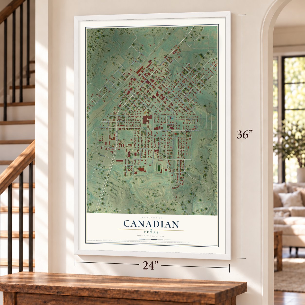 Canadian, Texas map, 24 x 36 inch print in a white frame by a staircase