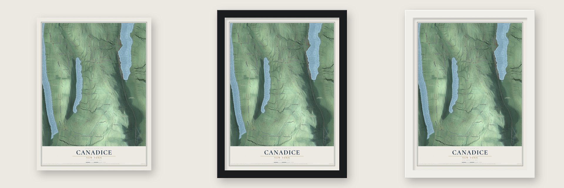 Canadice, New York map unframed, in a black wood frame and in a white wood frame