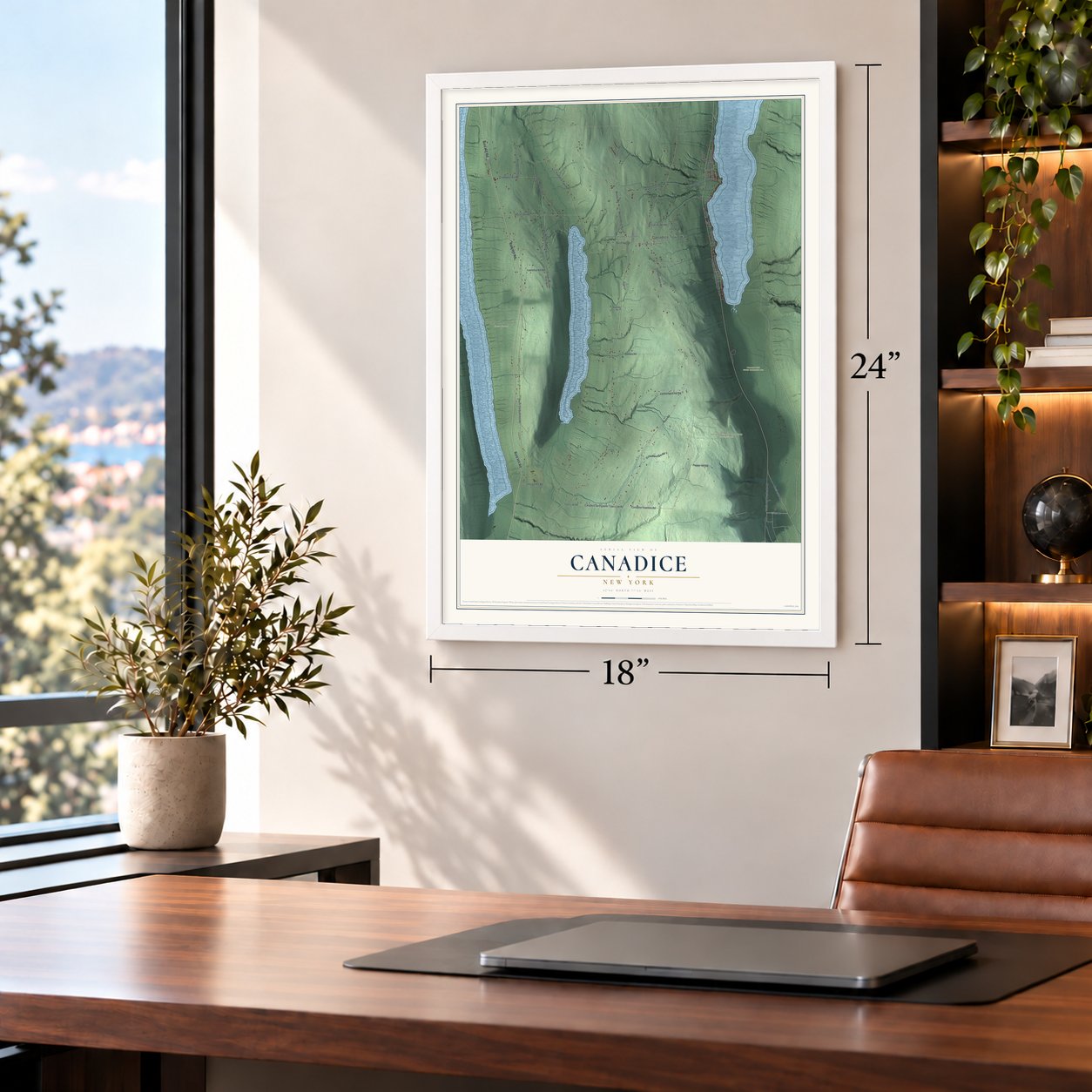 Canadice, New York map, 18 x 24 inch print in a white frame in a home office