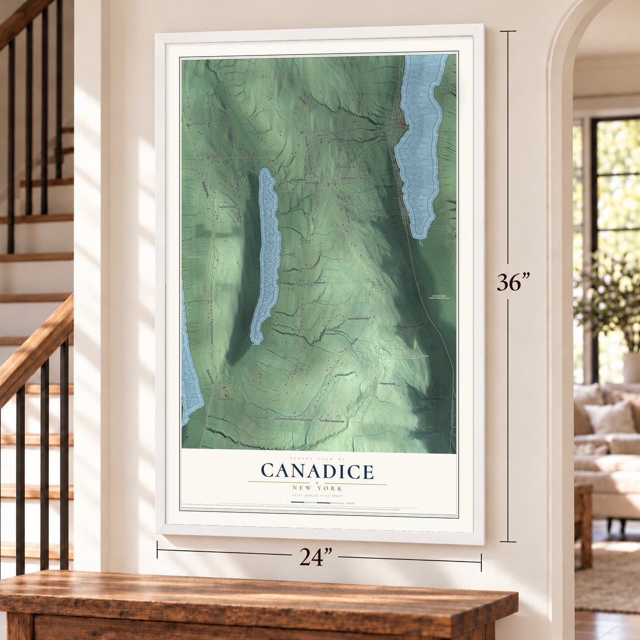 Canadice, New York map, 24 x 36 inch print in a white frame by a staircase