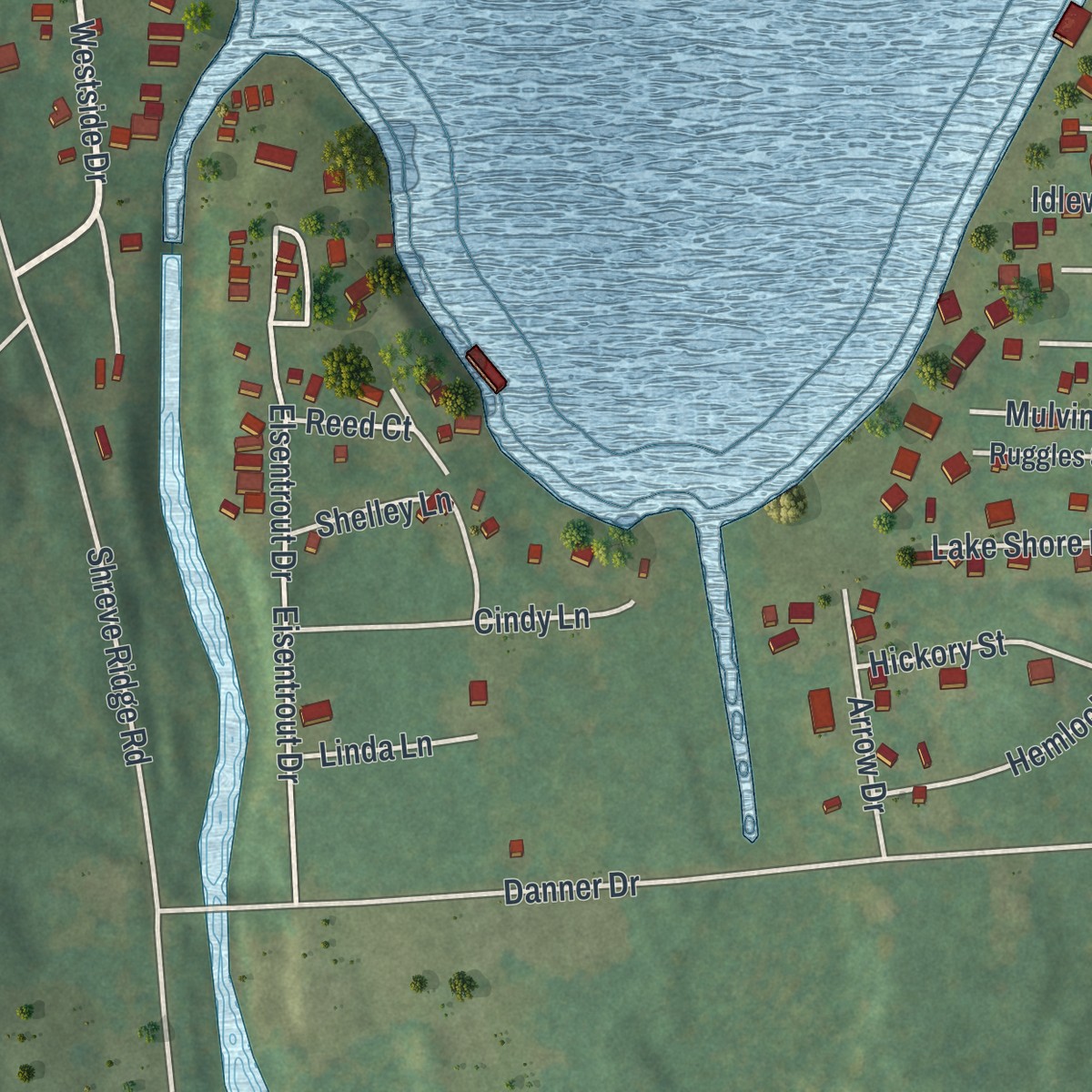 Second close-up of the map of Canadohta Lake, Pennsylvania print showing more streets and buildings