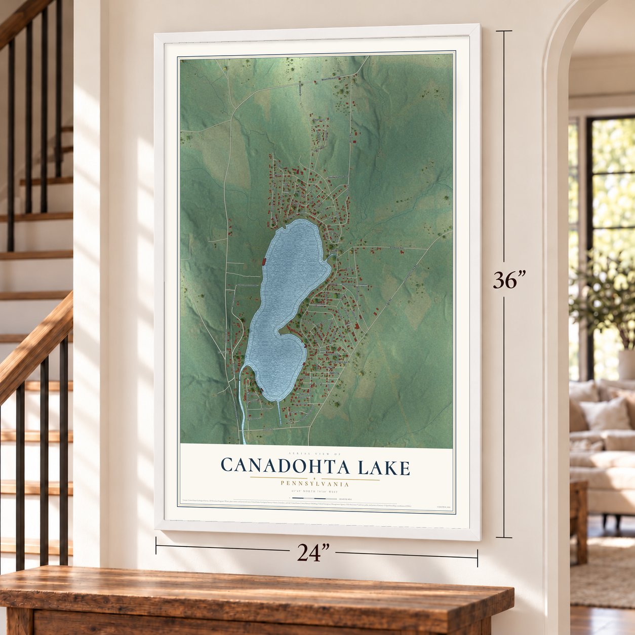Canadohta Lake, Pennsylvania map, 24 x 36 inch print in a white frame by a staircase