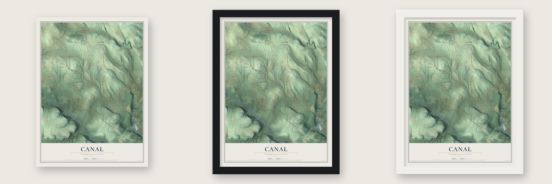 Canal, Pennsylvania map unframed, in a black wood frame and in a white wood frame