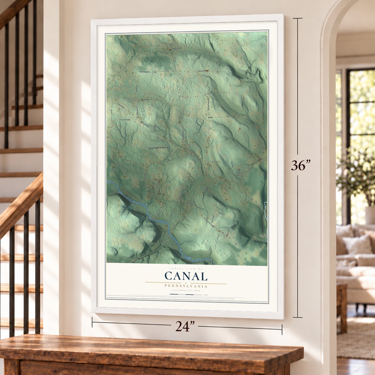 Canal, Pennsylvania map, 24 x 36 inch print in a white frame by a staircase