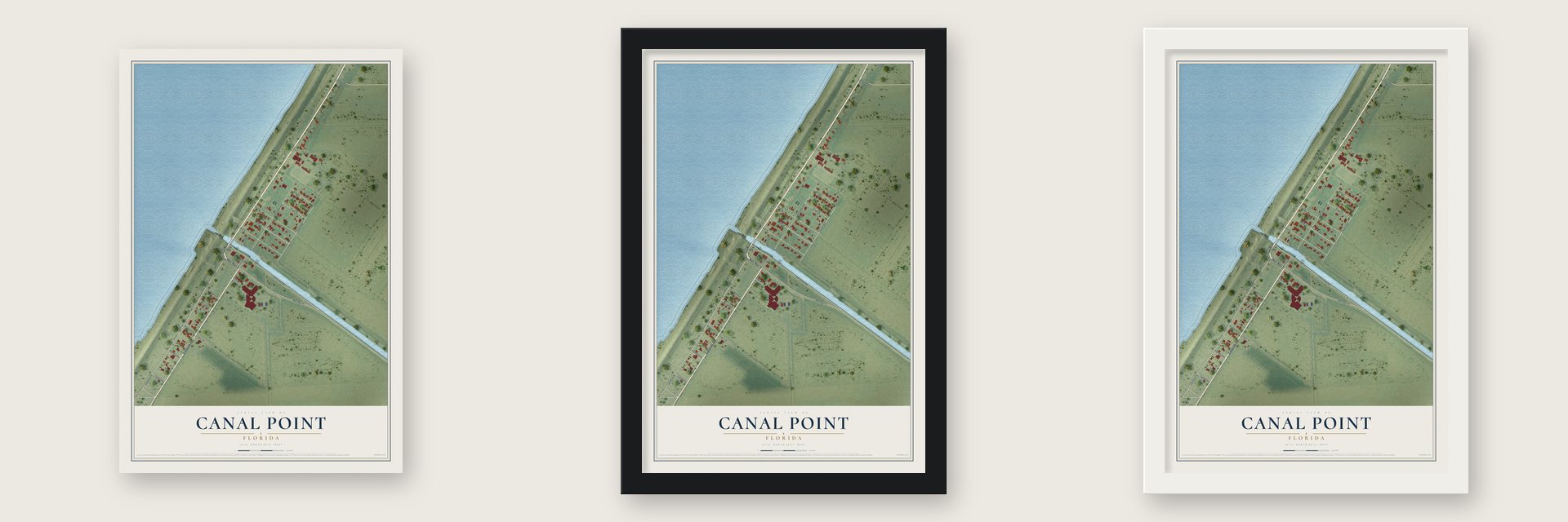 Canal Point, Florida map unframed, in a black wood frame and in a white wood frame