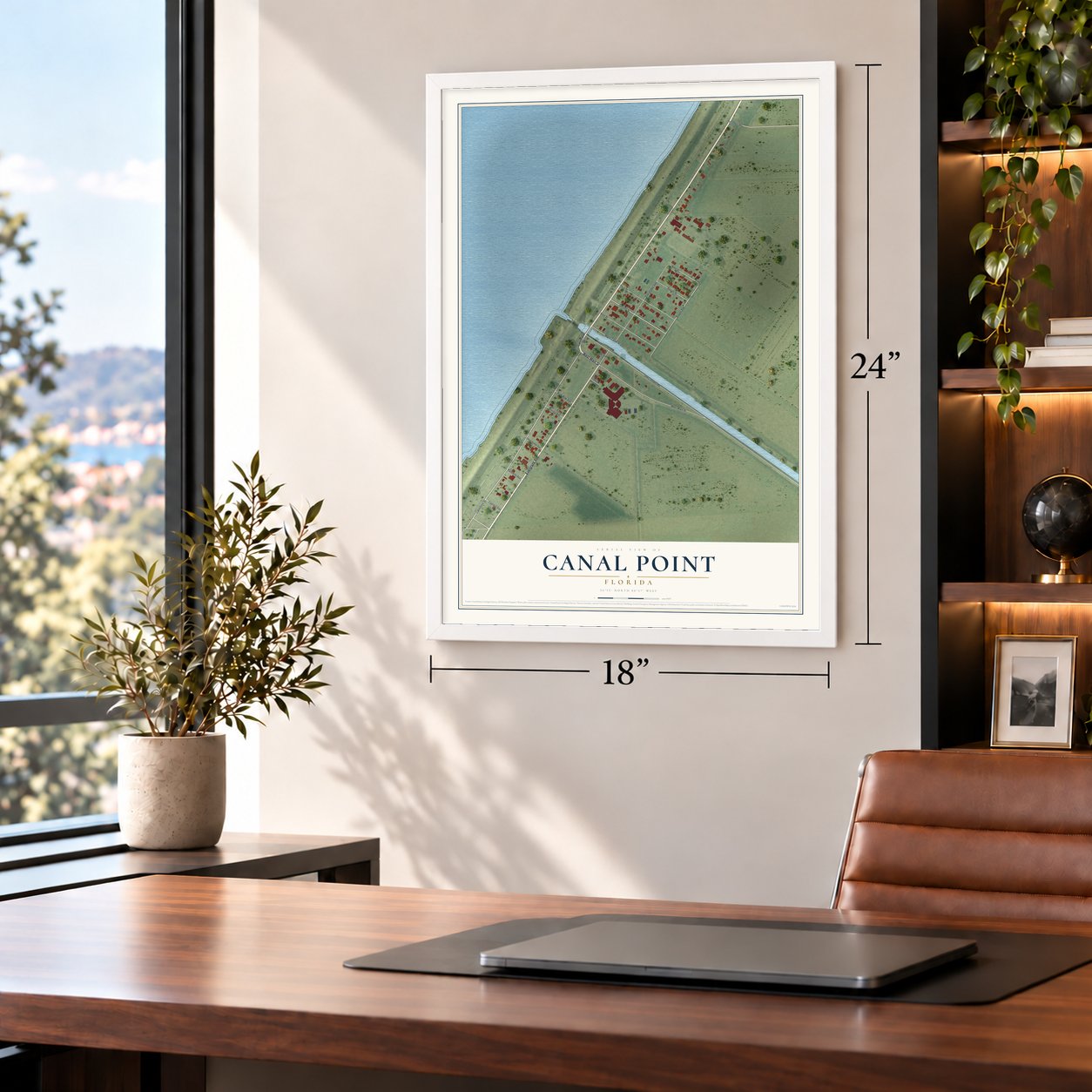 Canal Point, Florida map, 18 x 24 inch print in a white frame in a home office