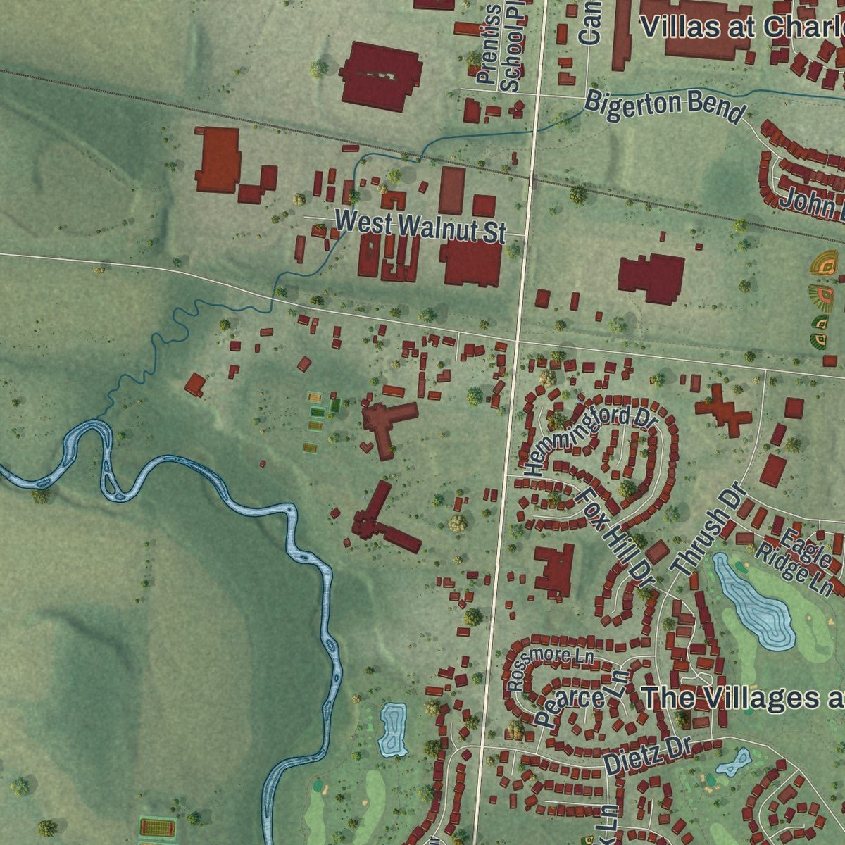 Second close-up of the map of Canal Winchester, Ohio print showing more streets and buildings