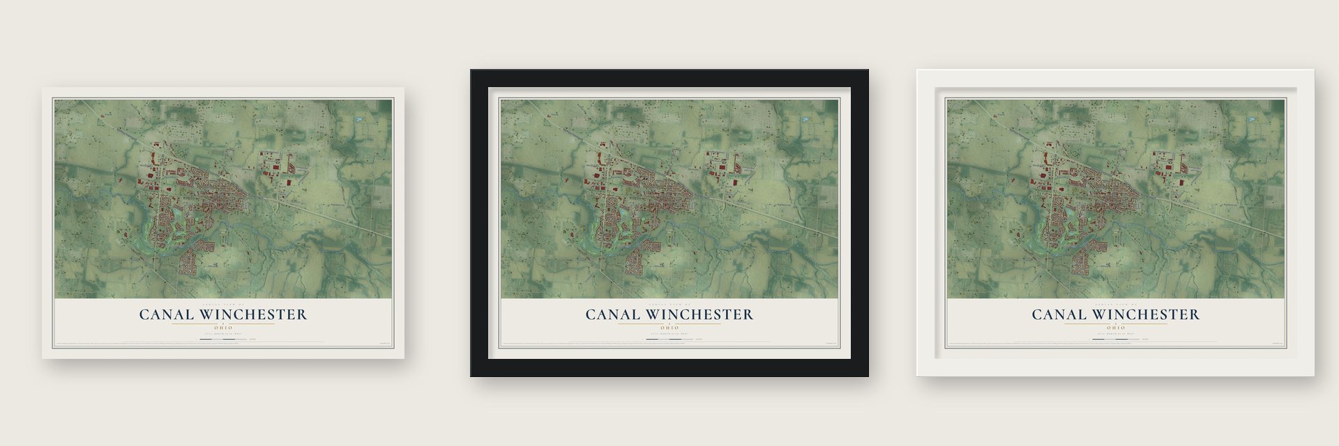 Canal Winchester, Ohio map unframed, in a black wood frame and in a white wood frame