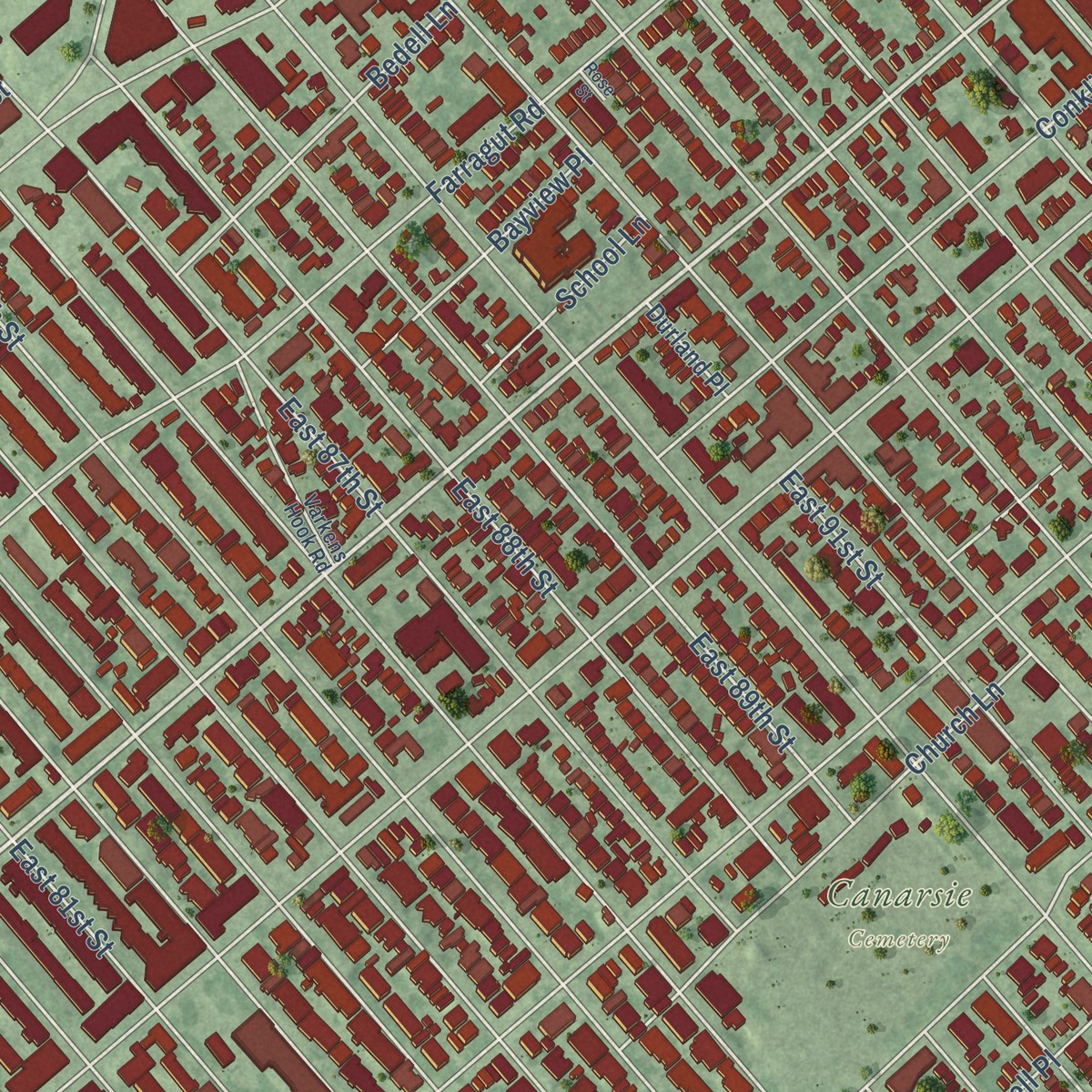 Second close-up of the map of Canarsie, New York print showing more streets and buildings