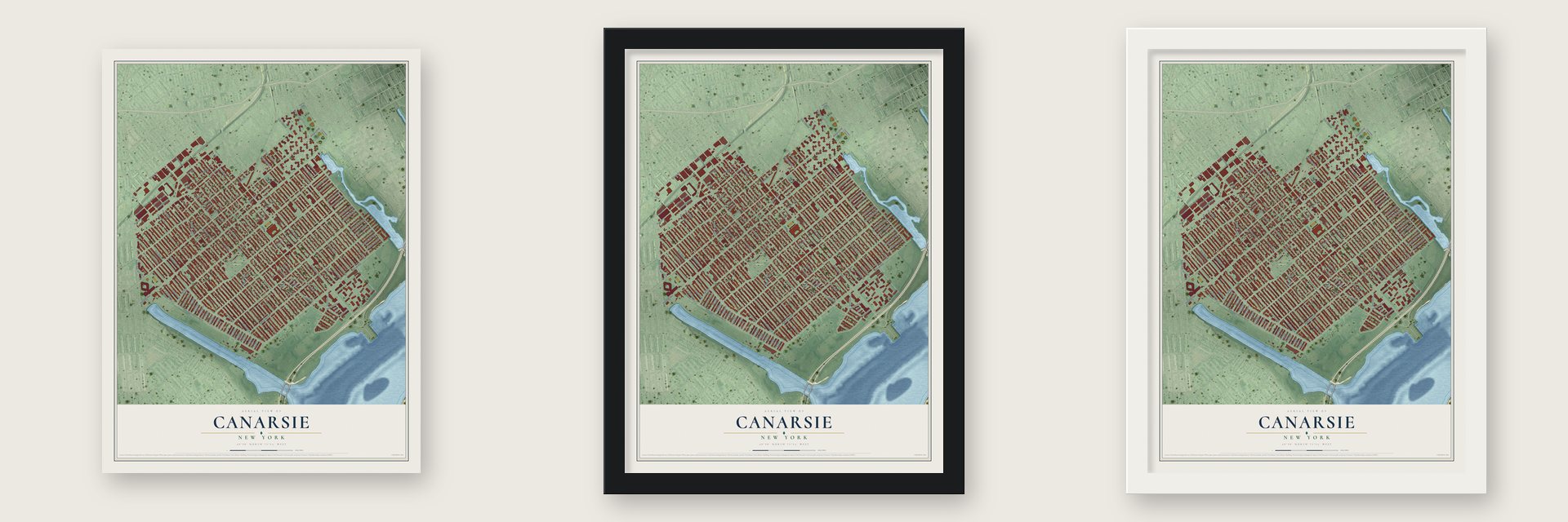 Canarsie, New York map unframed, in a black wood frame and in a white wood frame