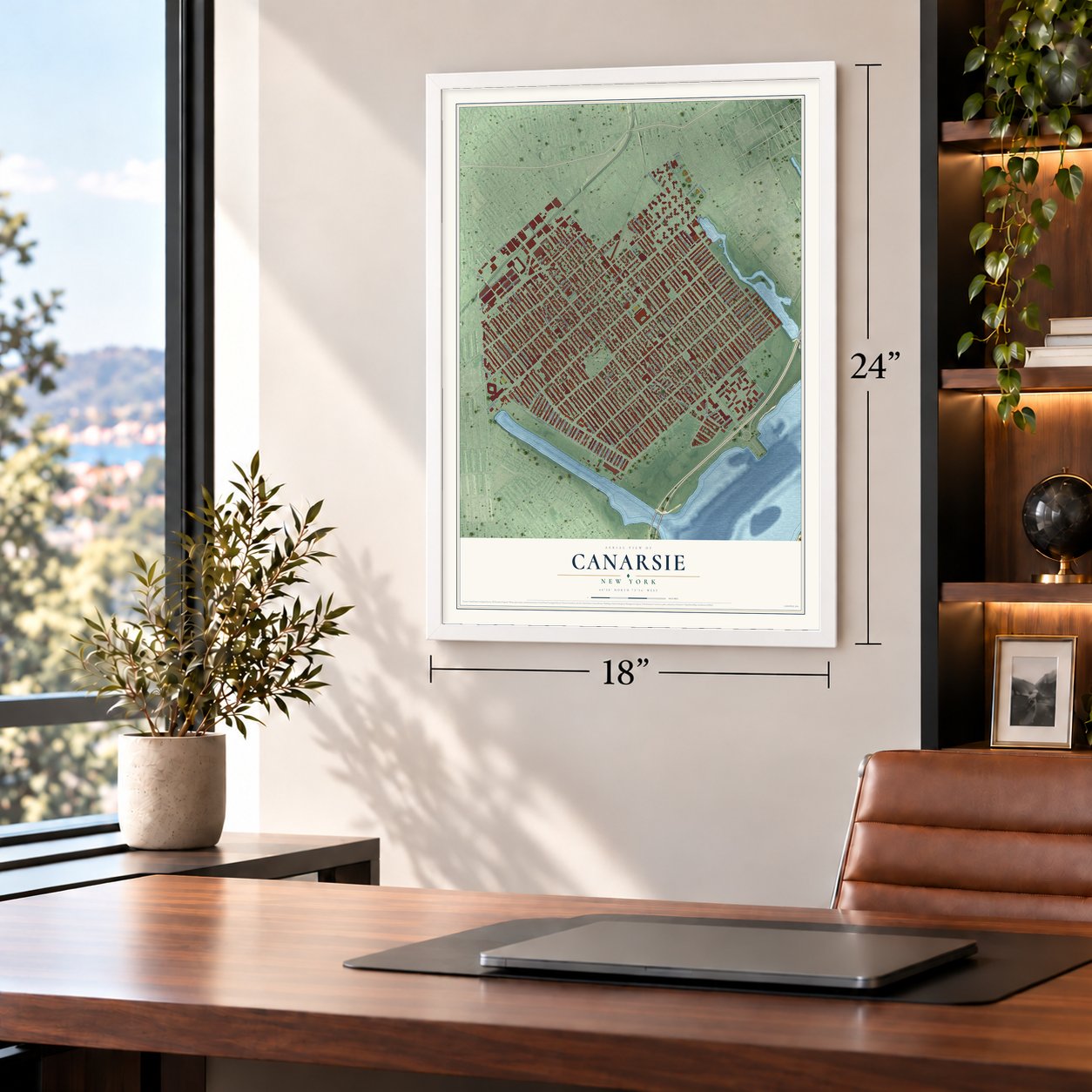 Canarsie, New York map, 18 x 24 inch print in a white frame in a home office