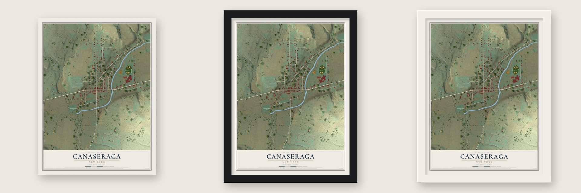 Canaseraga, New York map unframed, in a black wood frame and in a white wood frame
