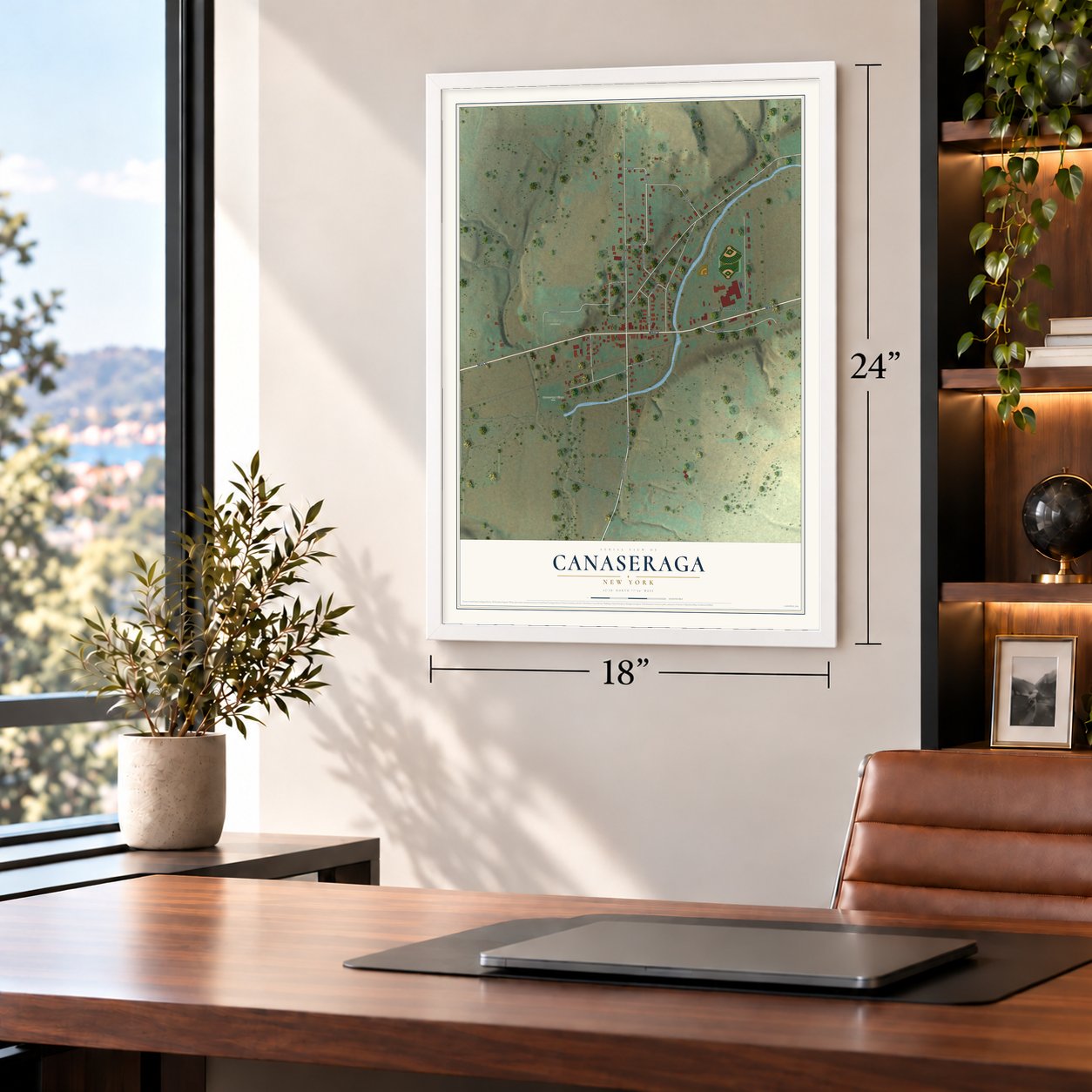 Canaseraga, New York map, 18 x 24 inch print in a white frame in a home office