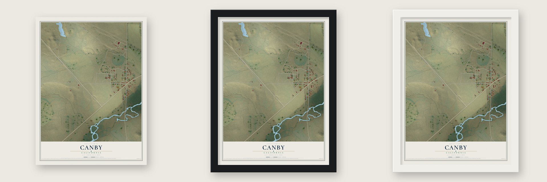 Canby, California map unframed, in a black wood frame and in a white wood frame