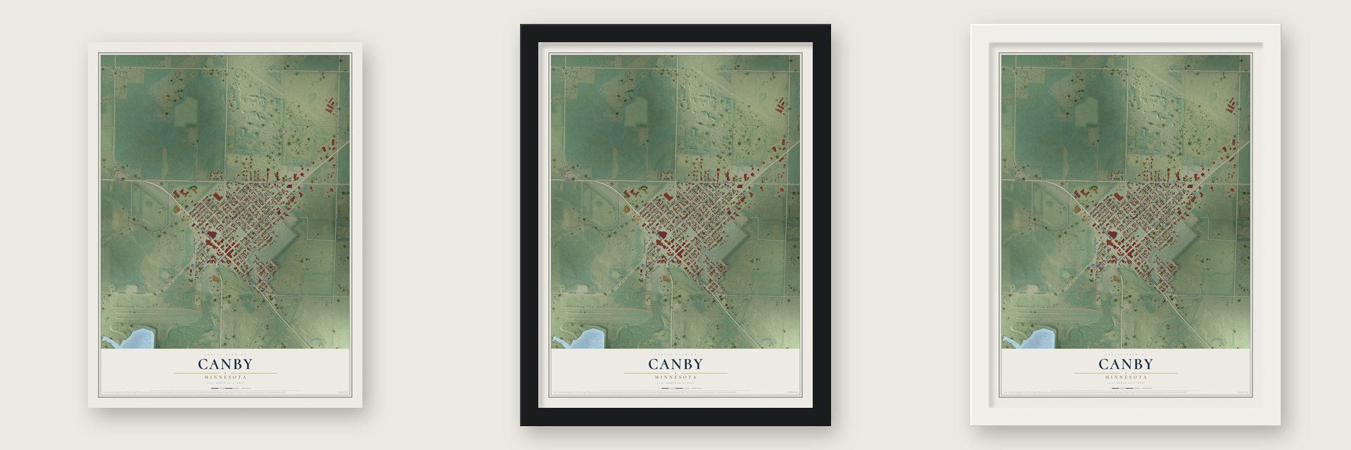 Canby, Minnesota map unframed, in a black wood frame and in a white wood frame