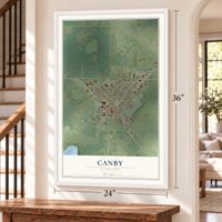 Canby, Minnesota map, 24 x 36 inch print in a white frame by a staircase