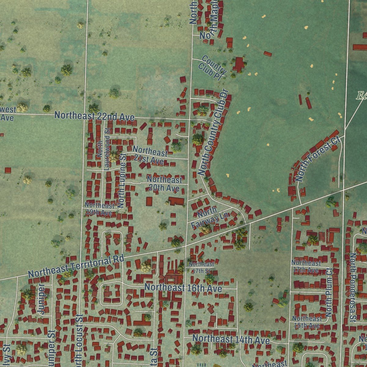 Second close-up of the map of Canby, Oregon print showing more streets and buildings