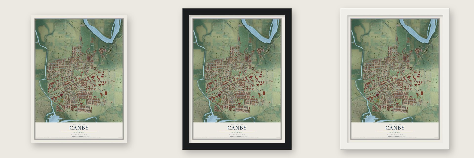Canby, Oregon map unframed, in a black wood frame and in a white wood frame