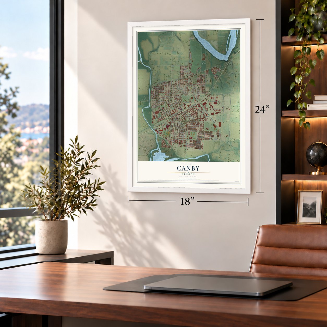 Canby, Oregon map, 18 x 24 inch print in a white frame in a home office