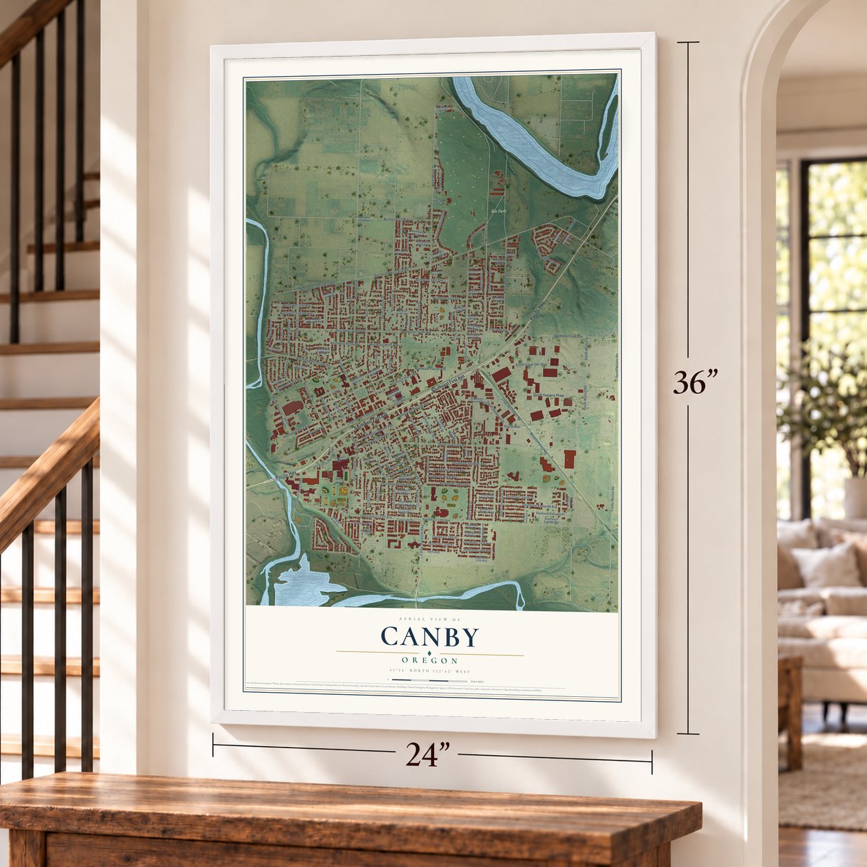 Canby, Oregon map, 24 x 36 inch print in a white frame by a staircase