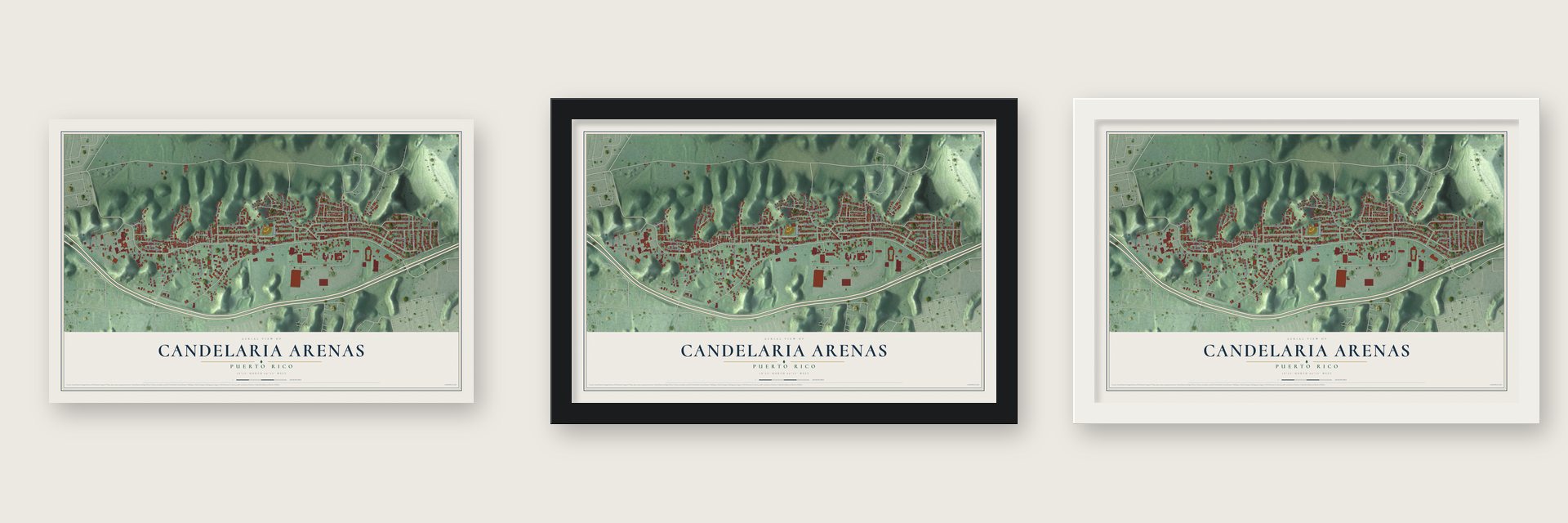 Candelaria Arenas, Puerto Rico map unframed, in a black wood frame and in a white wood frame