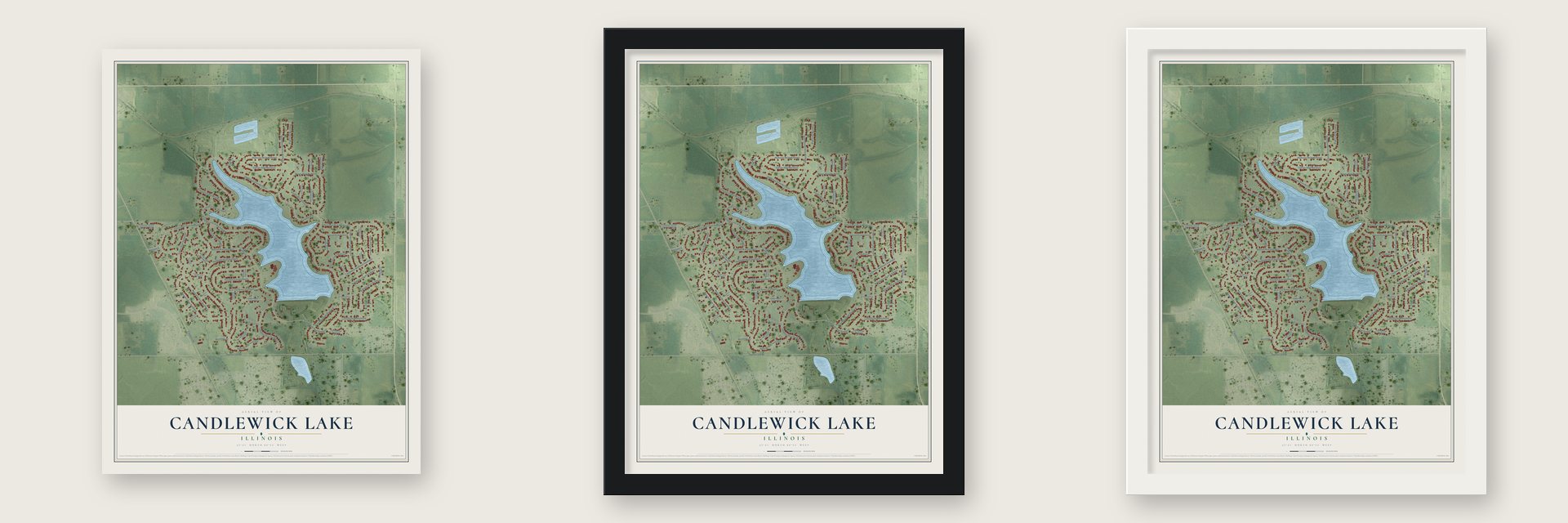 Candlewick Lake, Illinois map unframed, in a black wood frame and in a white wood frame