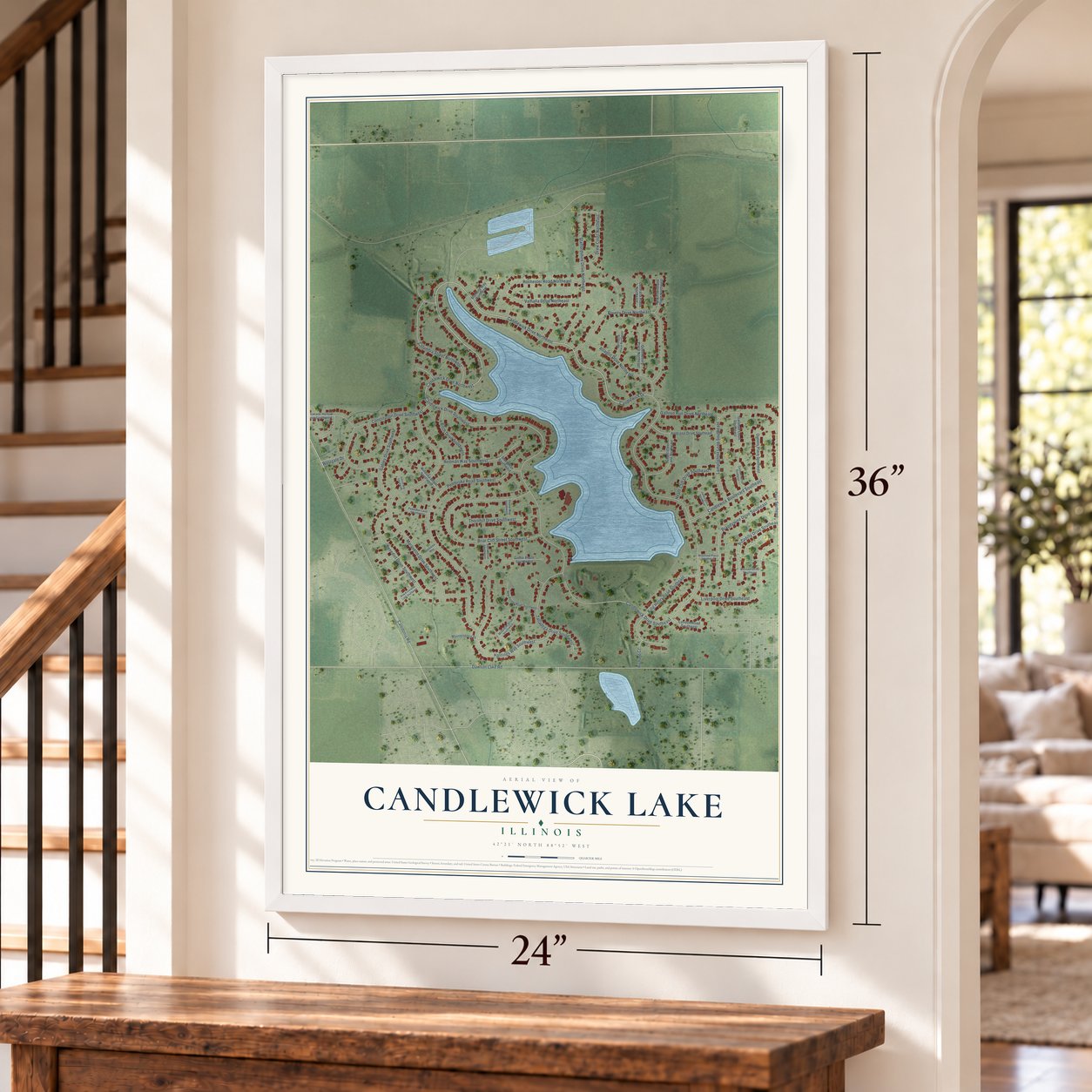 Candlewick Lake, Illinois map, 24 x 36 inch print in a white frame by a staircase