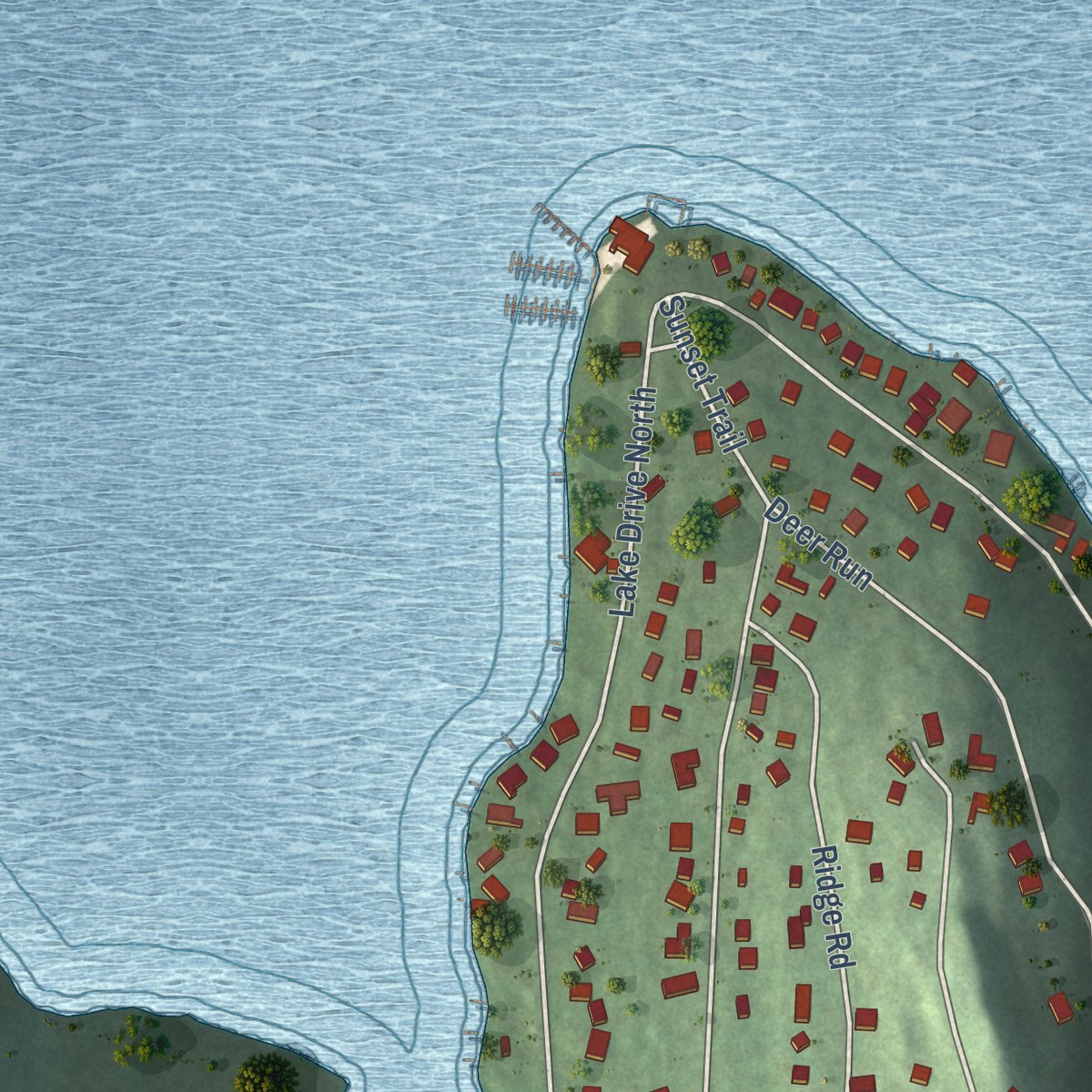 Second close-up of the map of Candlewood Isle, Connecticut print showing more streets and buildings