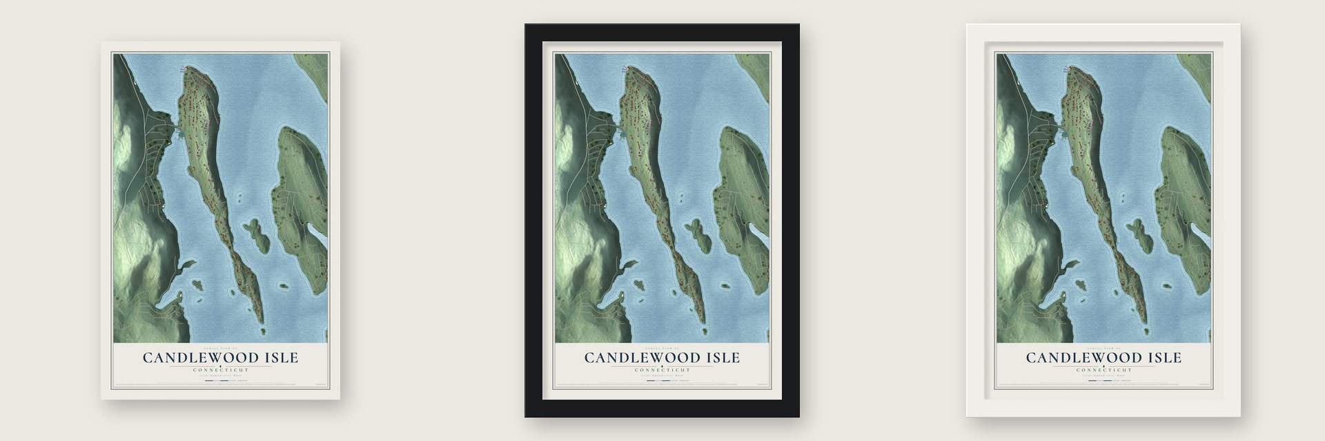 Candlewood Isle, Connecticut map unframed, in a black wood frame and in a white wood frame