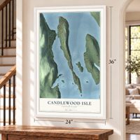 Candlewood Isle, Connecticut map, 24 x 36 inch print in a white frame by a staircase